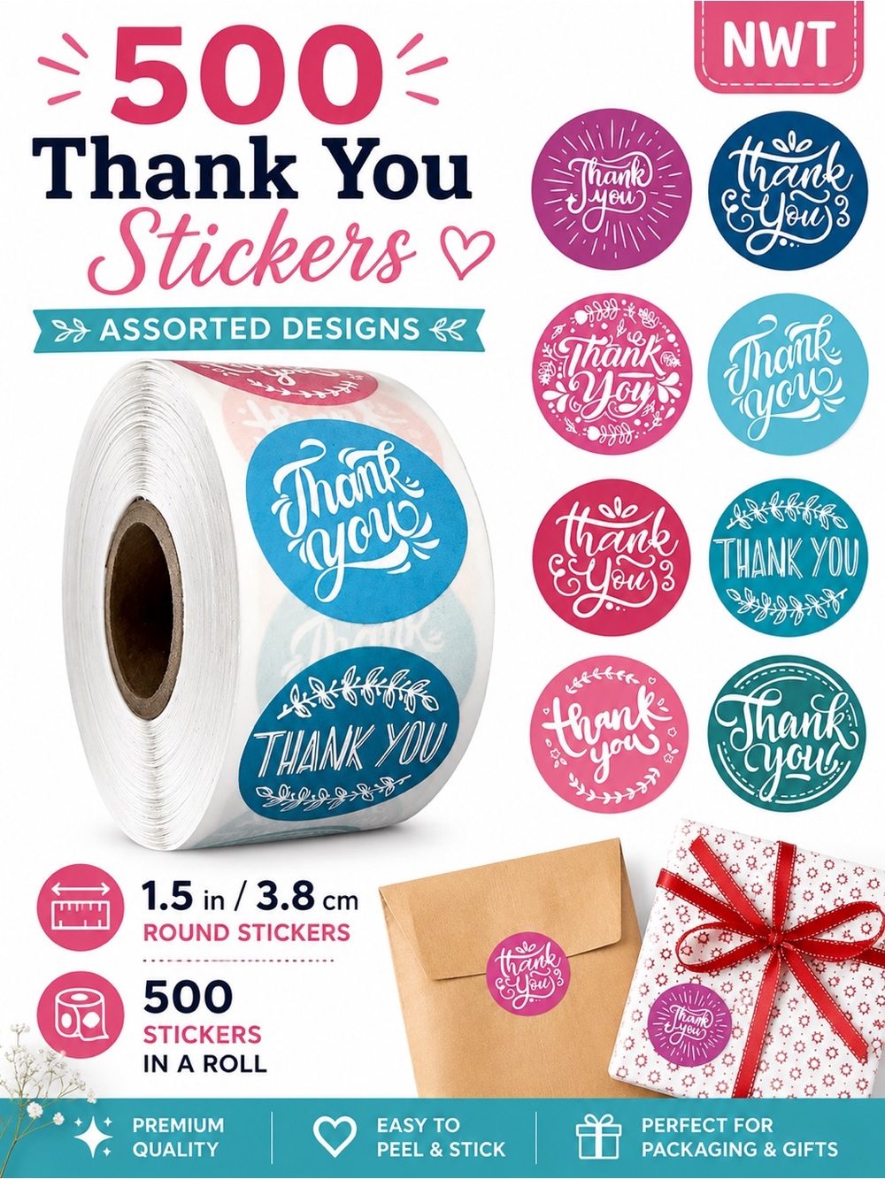 Thank You Stickers Roll 1.5 Inch Assorted Small Business Packaging